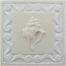 hmade ceramic tile with a high relief shell design and a multi-colored glaze